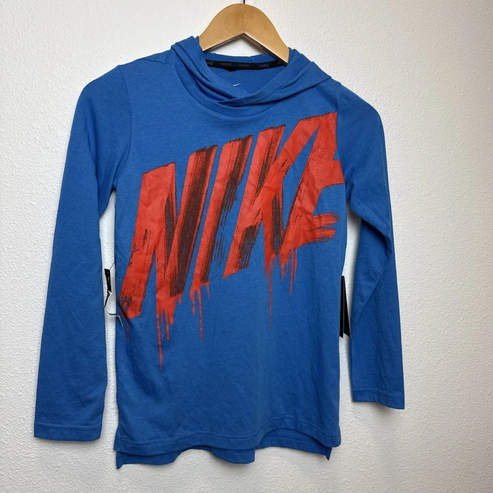 Boys Nike Breathe Long Sleeve Hoodie Top Blue/Red Size‎ M Polyester Blend